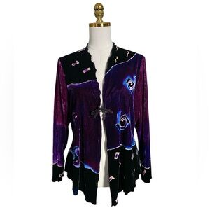 Velvet Open Front Purple & Black Abstract Print Jacket